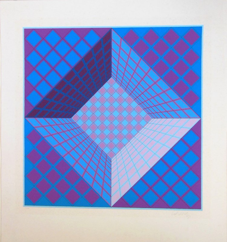 Image of Actual Product. Colorful square based Op Art from Victor Vasarely. Geometric square shapes in Blues and Purples make for a Unique and beautiful serigraph print.