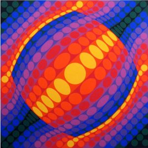 Medium image of a Colorful Serigraph Artwork using circles and other geometric shapes to create a visionary Op art piece called Planeta by Victor Vasarely